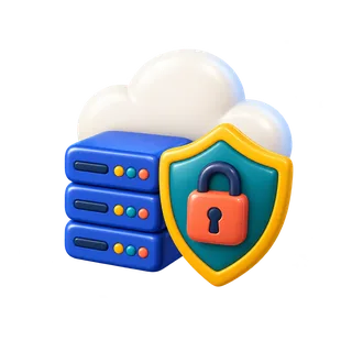 Shield with a padlock in front of a server